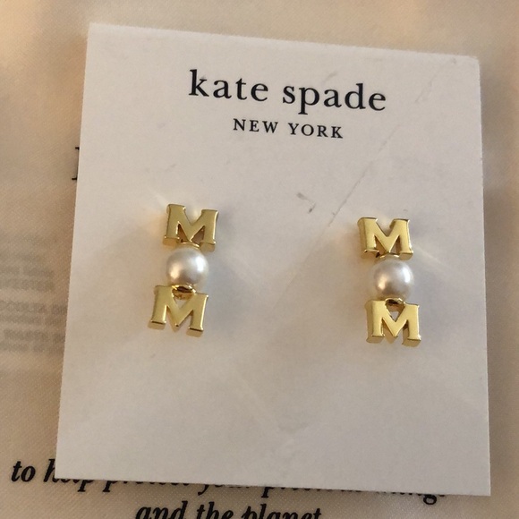 Kate Spade Gold Tone Love You, Mom Linear Stud Earrings Faux Pearl Accent NWT - Picture 2 of 12